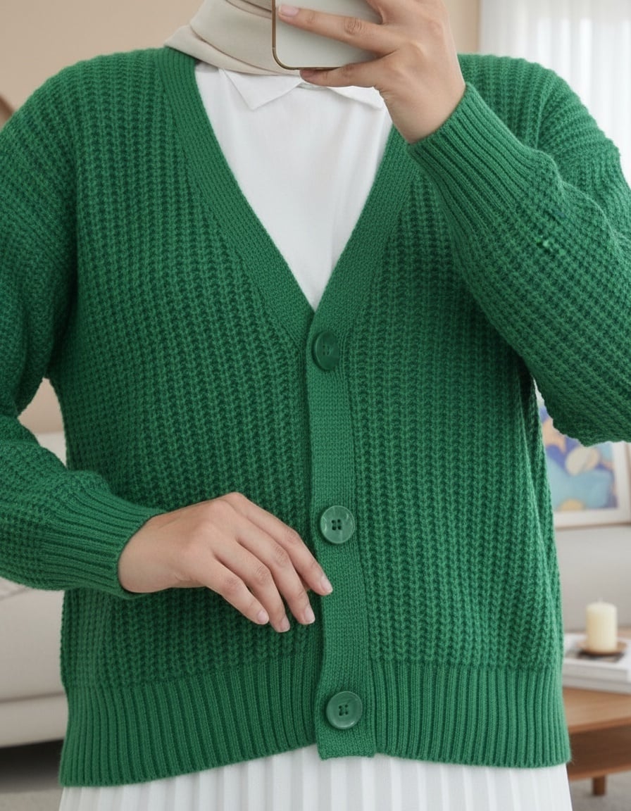 Green Knit Pattern Button-Front Cardigan - Podyumplus - by Peralane - photo 2