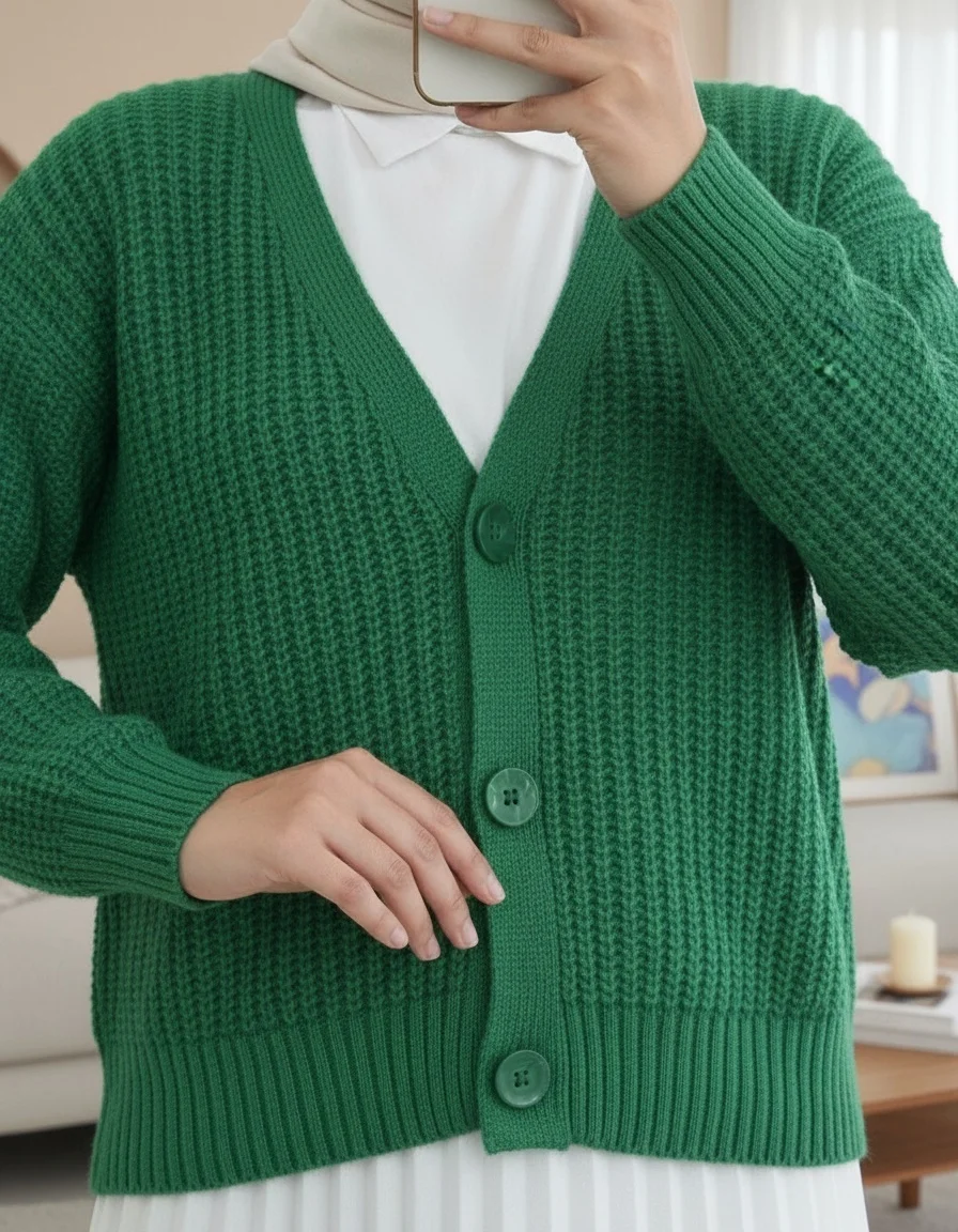 Green Knit Pattern Button-Front Cardigan - Podyumplus - by Peralane - photo 2
