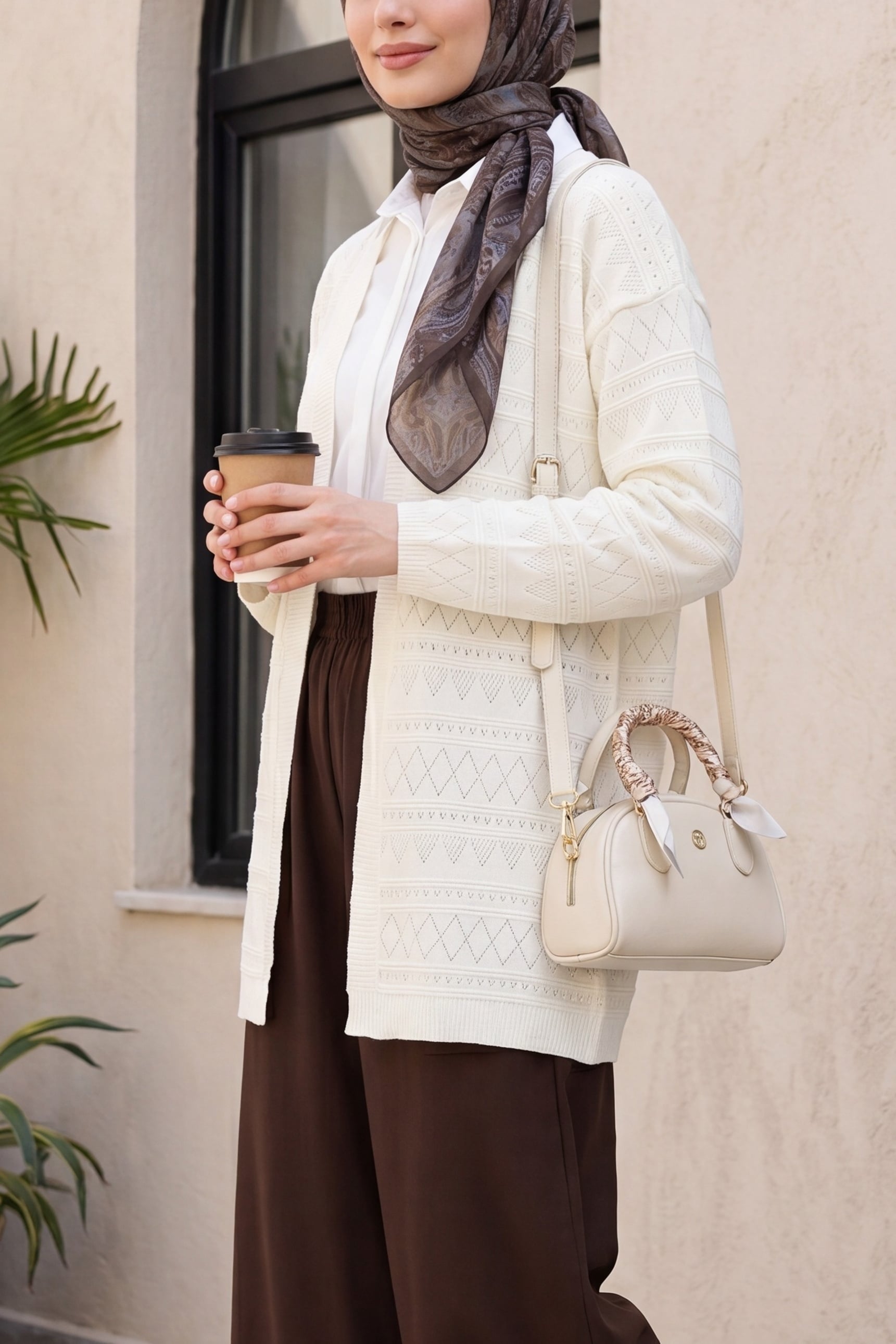Mixed Pattern Openwork Knit Cardigan - Ecru - Podyumplus - by Peralane - photo 2