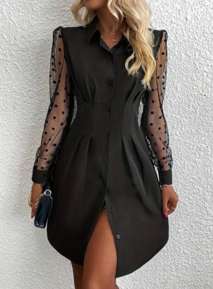 Women's Long Sleeve Collared Button-Front Mini Crepe Dress with Polka Dot Sheer Sleeves - Janes - by Peralane