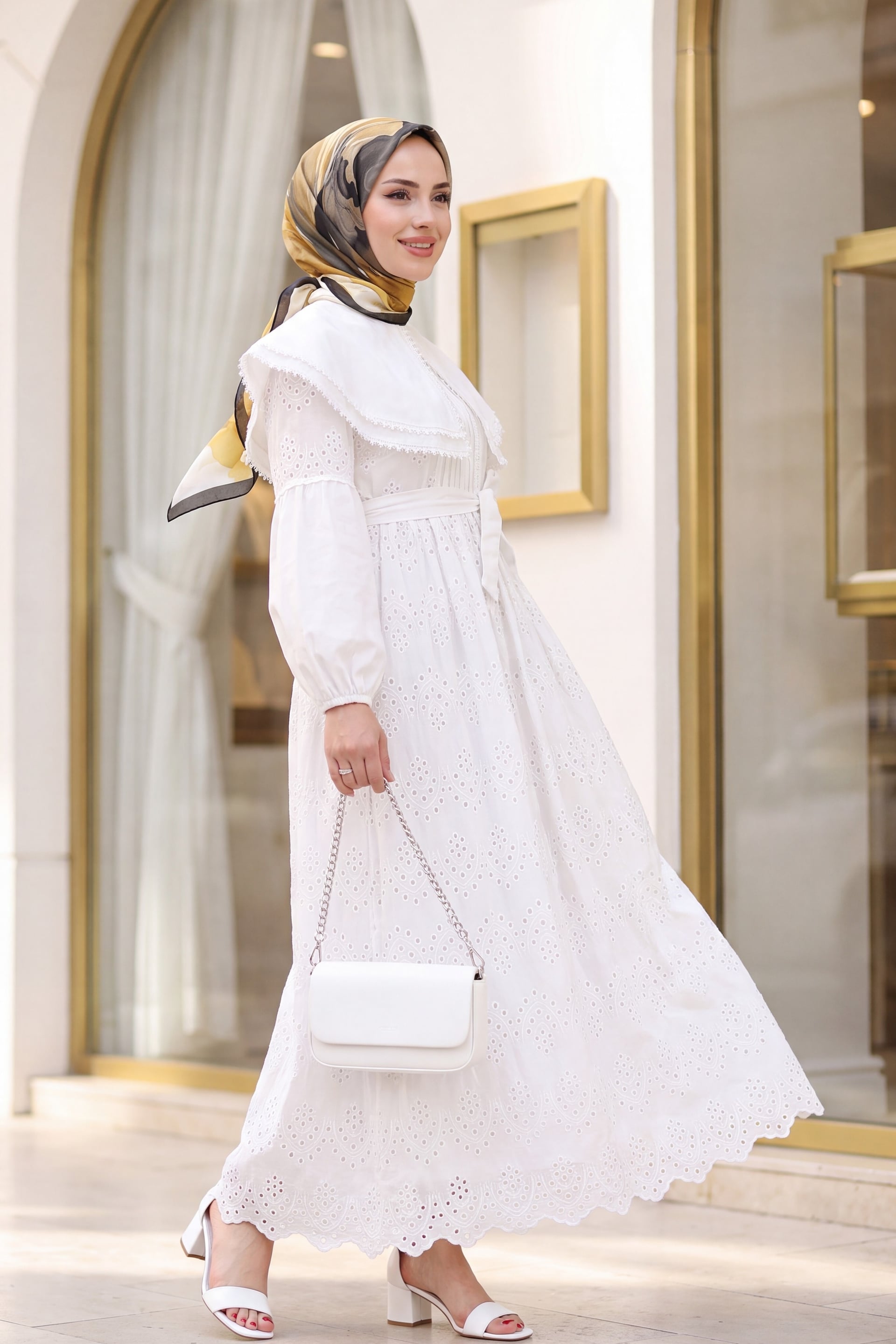 White Cape Collar Lace Detail Midi Dress - Podyumplus - by Peralane - photo 8