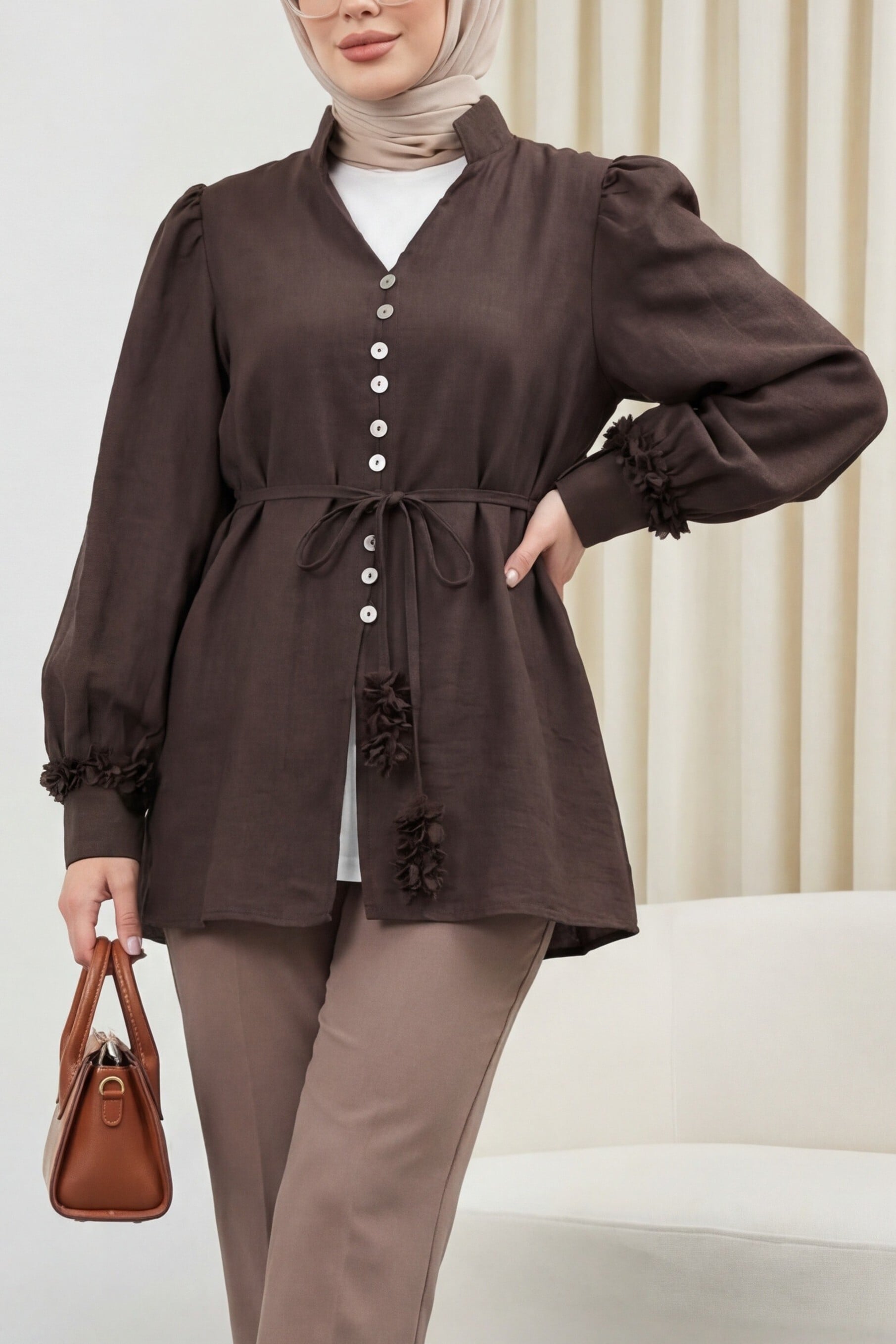 V-Neck Floral Sleeve Buttoned Tie-Waist Modal Blouse - Dark Brown - Podyumplus - by Peralane