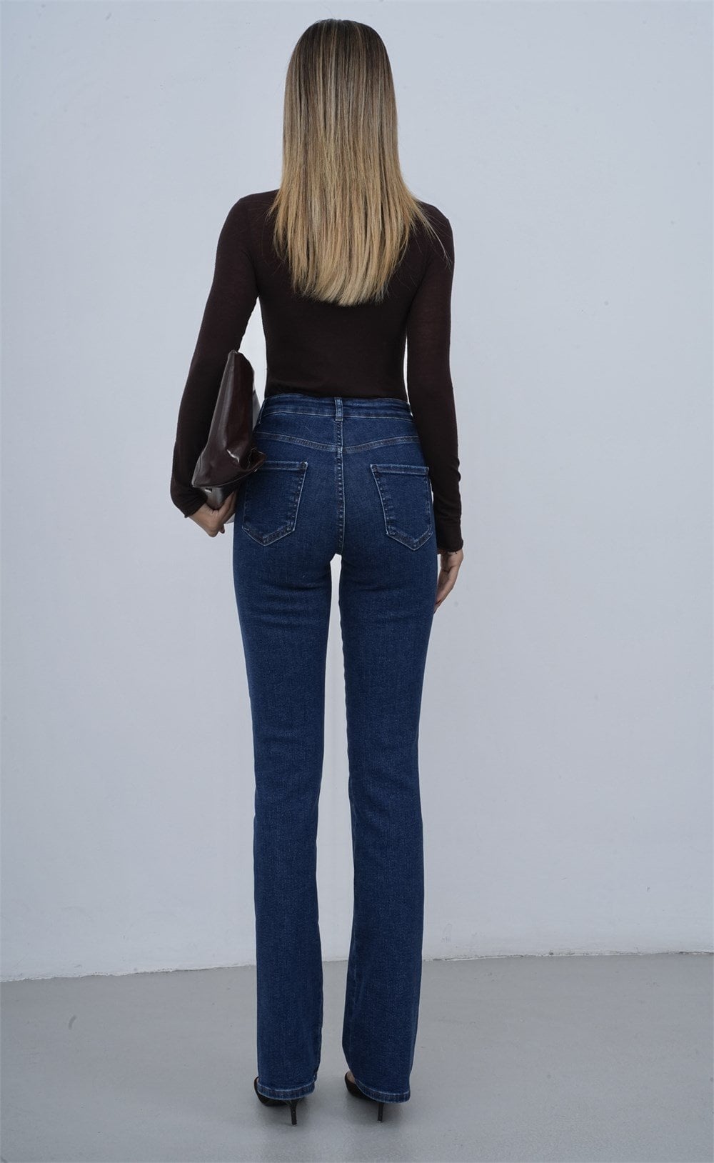High Waist Button Detail Zip Fly Straight Leg Dark Blue Denim Jeans - Lacarino Jeans - by Peralane - photo 6