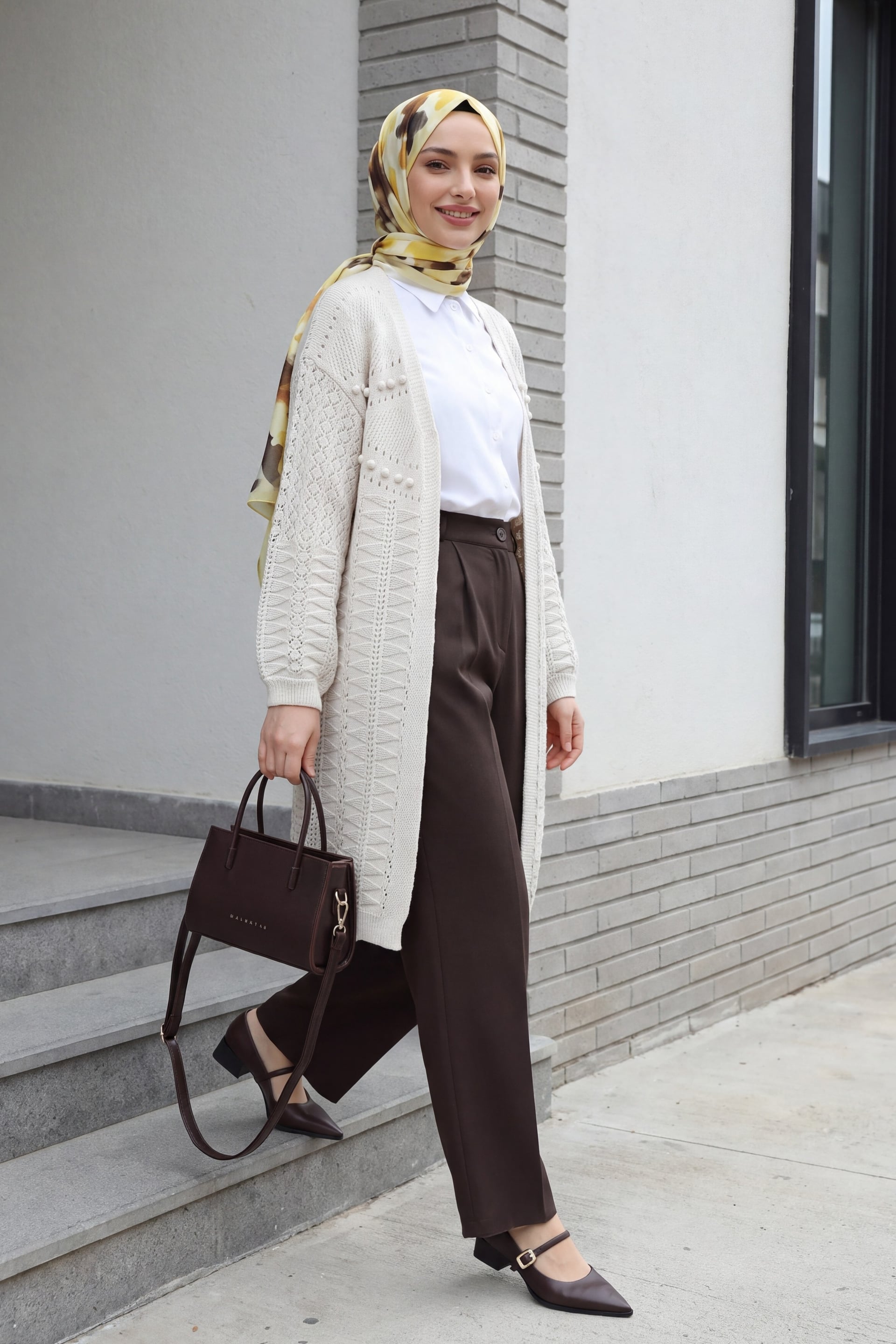 Pom-Pom Mixed Pattern Mid-Length Knit Cardigan - Stone - Podyumplus - by Peralane - photo 3