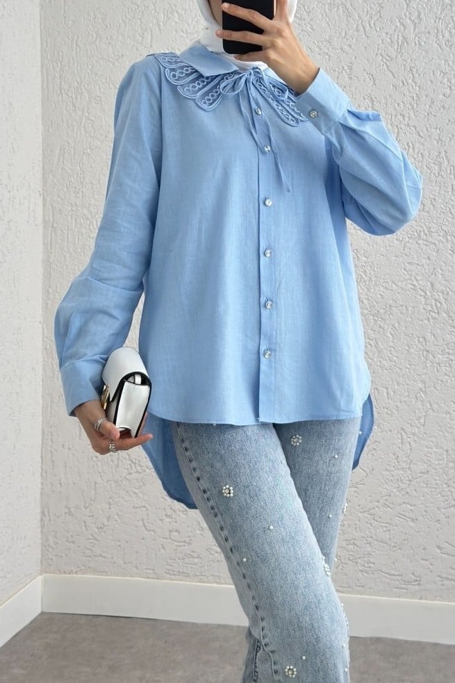 Collar Detail Long Back Buttoned Blouse - Blue - Podyumplus - by Peralane