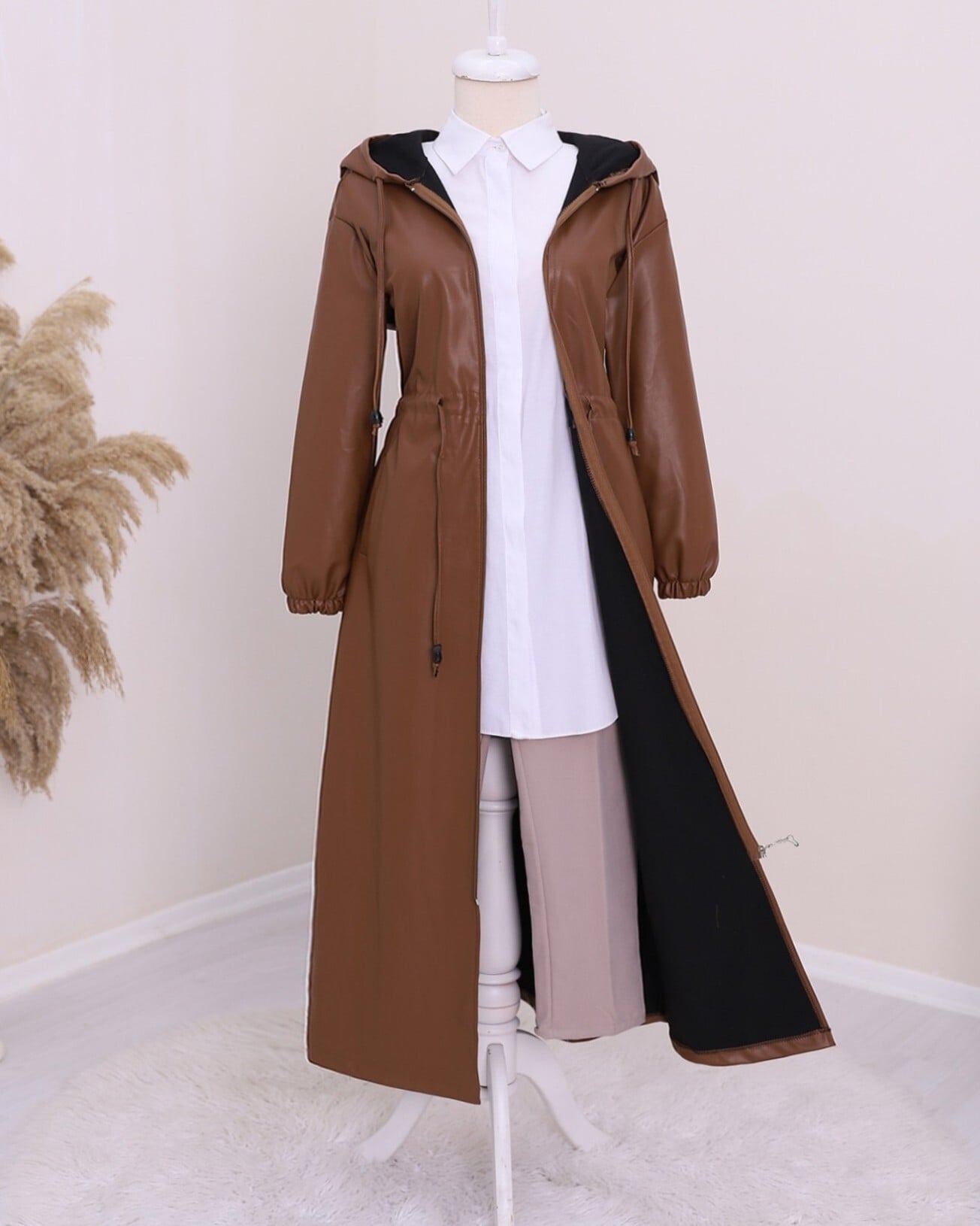 Tunnel Lace-Up Hooded Long Faux Leather Coat - Tan - Podyumplus - by Peralane - photo 2