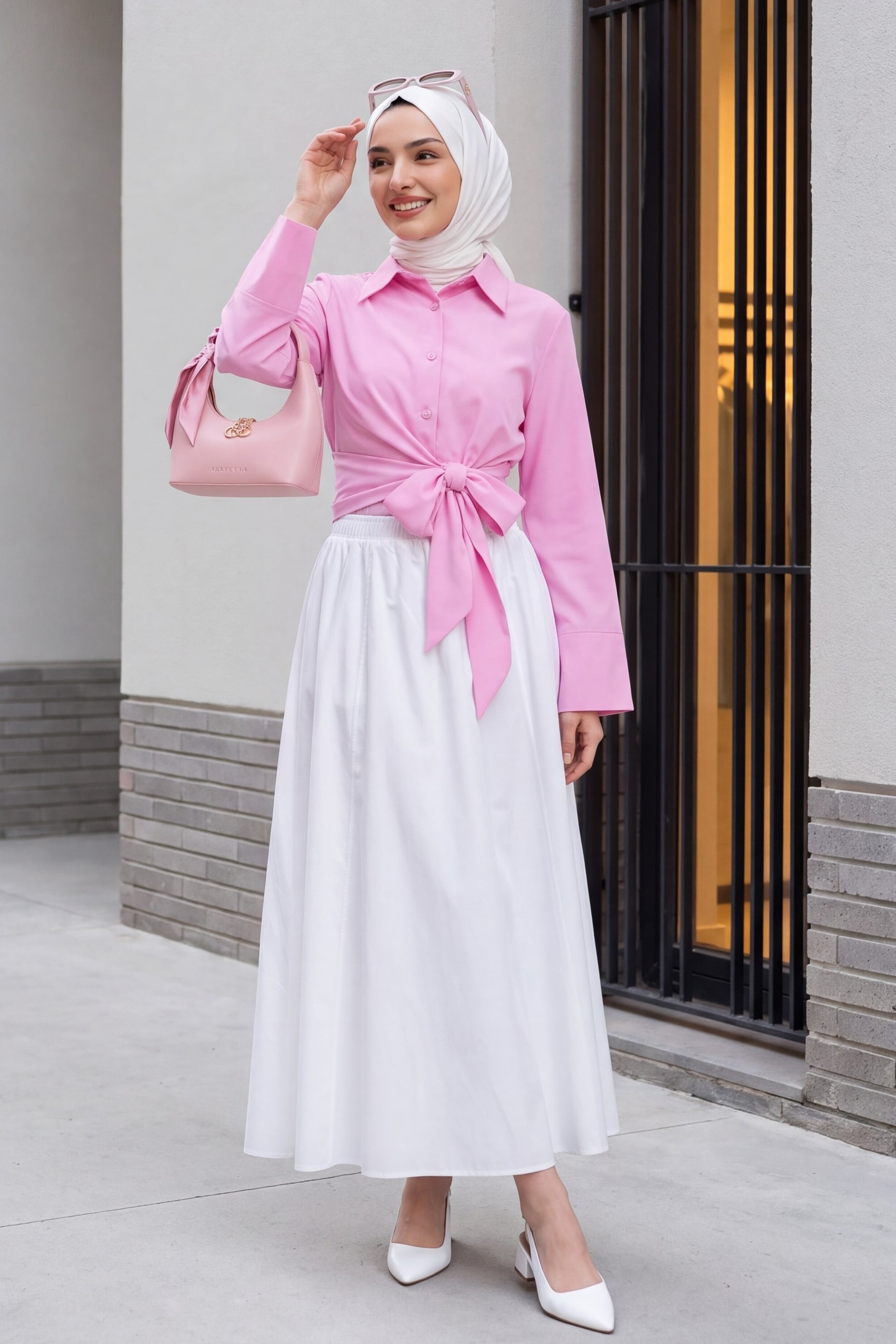Women's Pink Tie-Front Spanish Sleeve Button Blouse - Podyumplus - by Peralane - photo 2