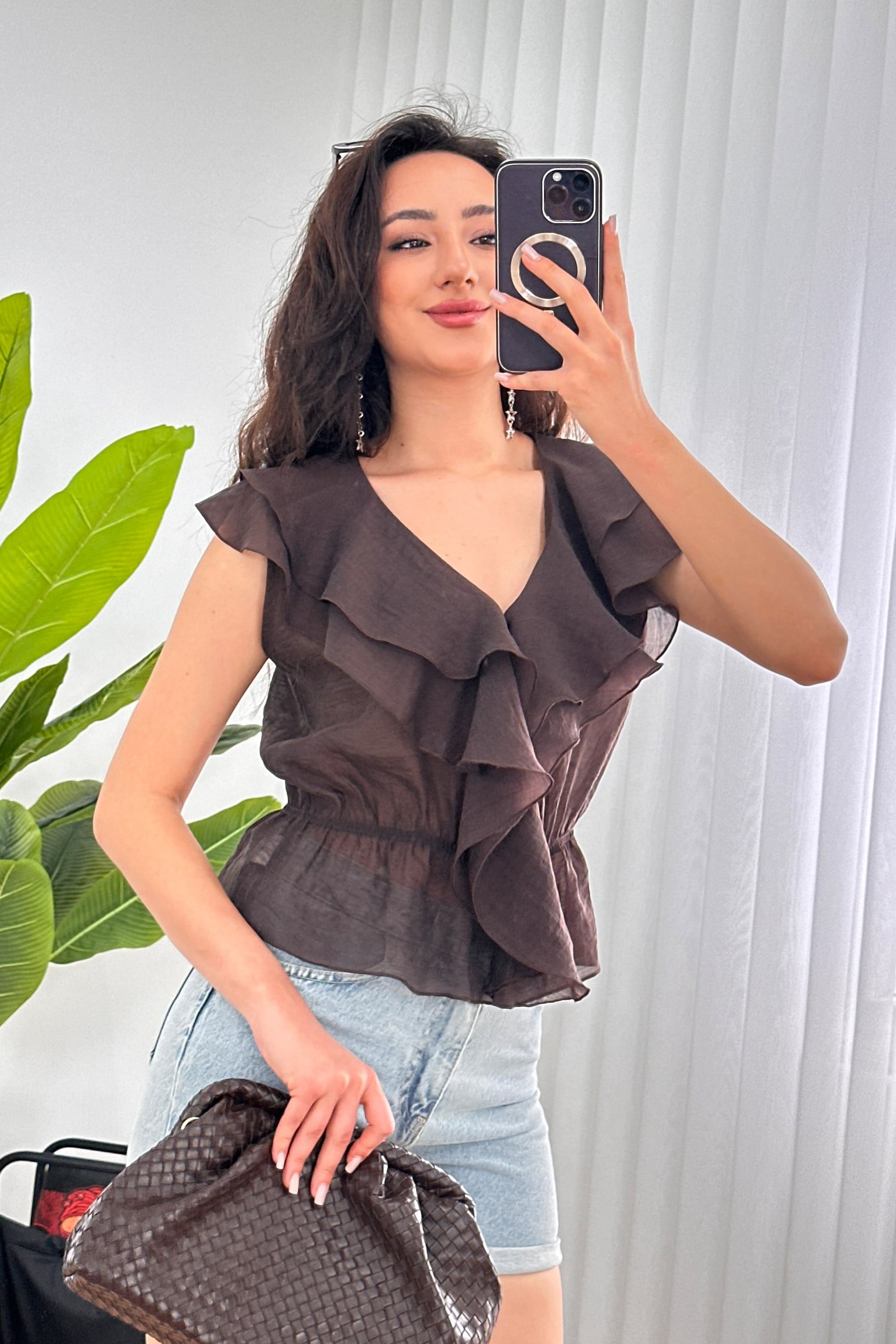 Cascading Ruffle V-Neck Brown Blouse with Tie Front - Lustri̇n - by Peralane