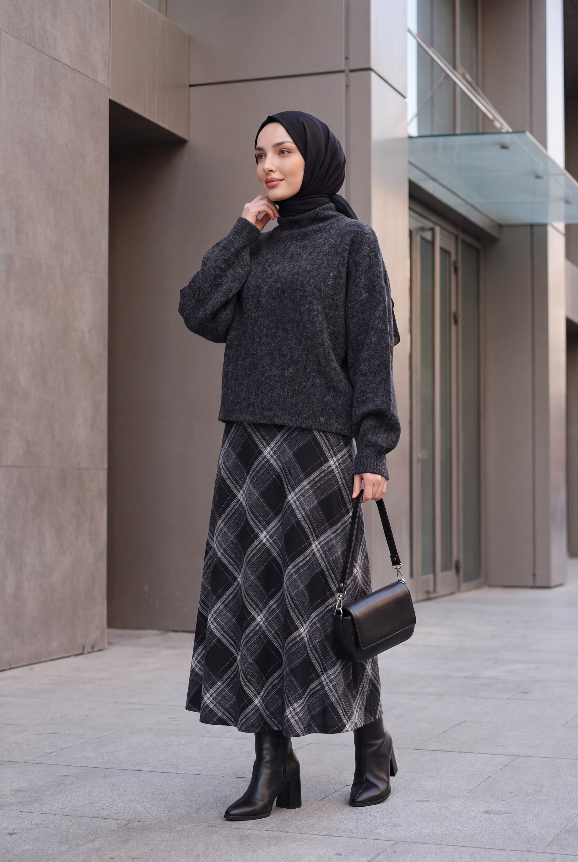 Women's Batwing Sleeve Oversized Knit Sweater with Plaid Midi Skirt Set - Black - Bigdart - by Peralane
