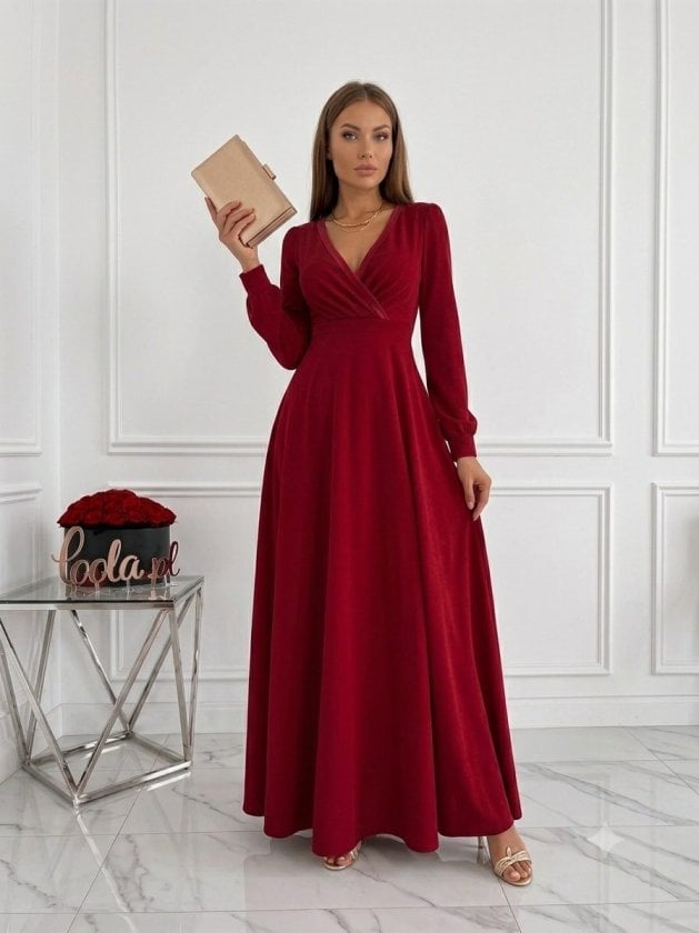Women's Long Sleeve Wrap Neck Pleated Waist Corset Detail Long Crepe Dress - Janes - by Peralane - photo 2