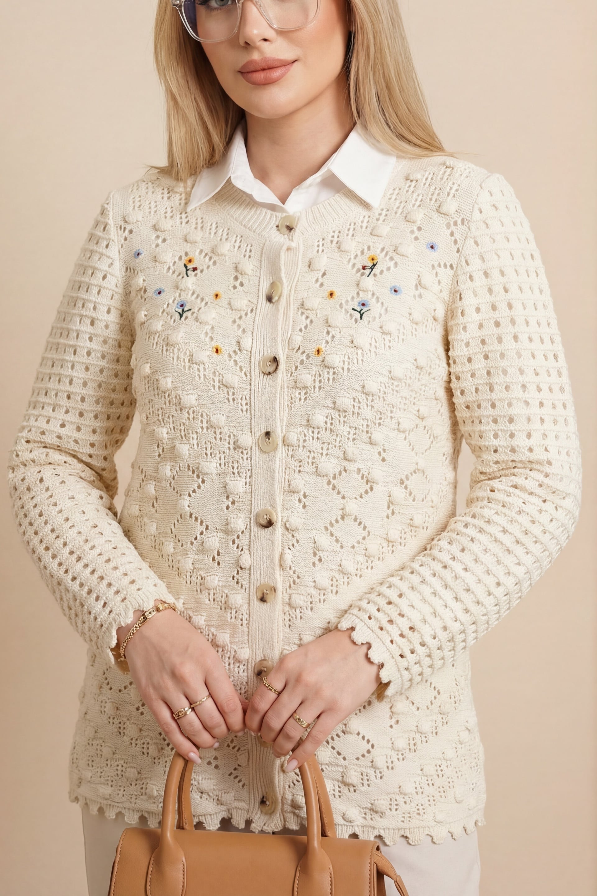 Cream Buttoned Knit Cardigan with Pom Details - Podyumplus - by Peralane