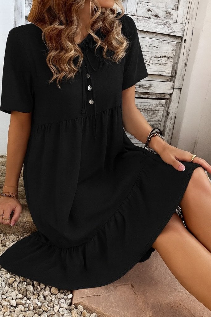Women's Short-Sleeved Tie-Neck Button-Front Ruffle Suprem Dress - Janes - by Peralane