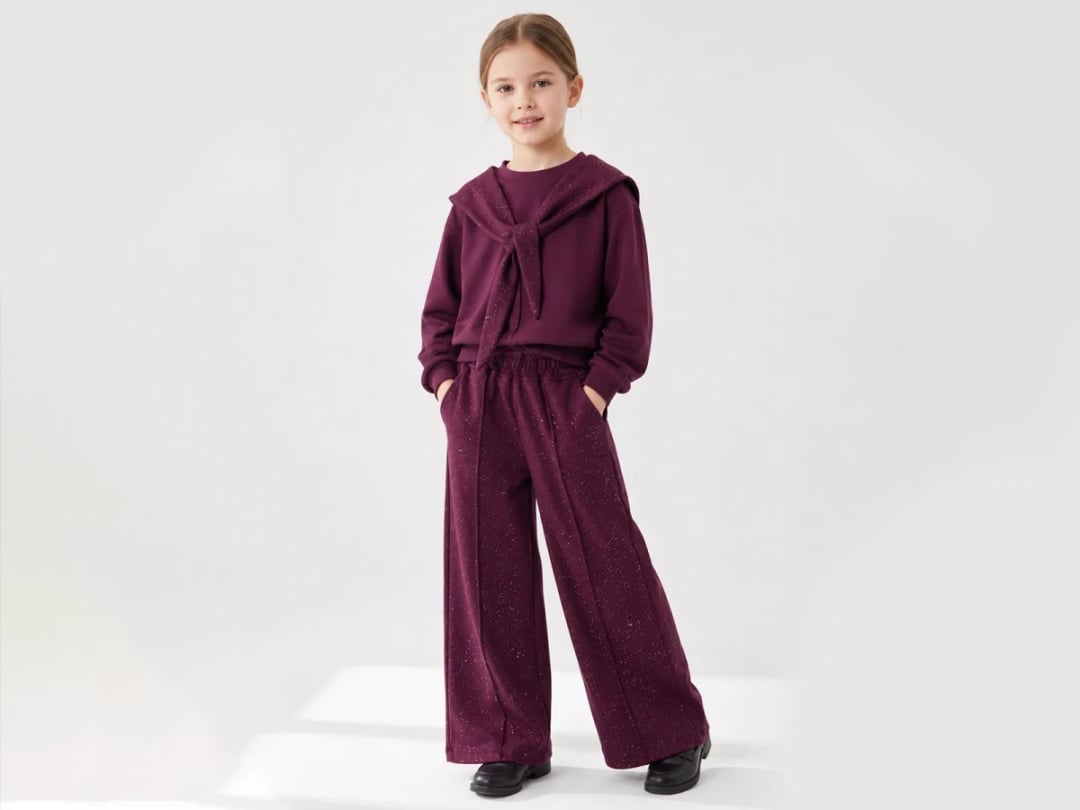 Girls' 3-Piece Sweatshirt and Wide-Leg Trousers Set with Shoulder Shawl Detail, Burgundy Glitter - Incilay - by Peralane