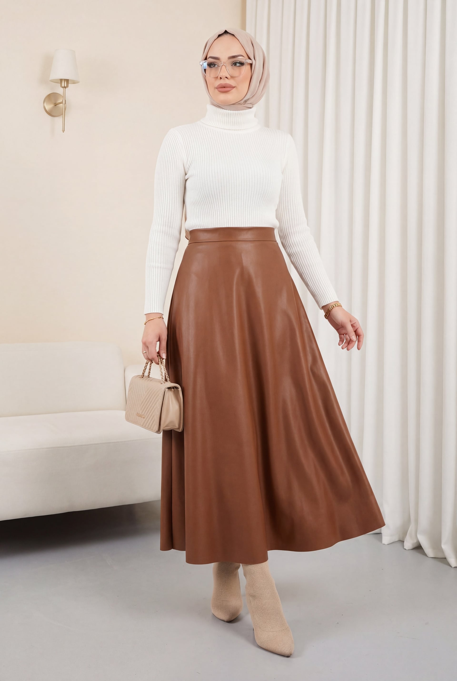 Elasticated Waist Faux Leather A-Line Skirt in Tan - Podyumplus - by Peralane - photo 2