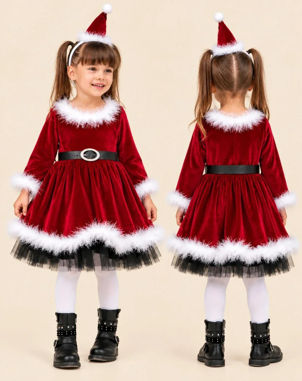Girls Red Velvet Christmas Dress with Fur Trim and Santa Hat Headband - 6374 - Interkidsy - by Peralane
