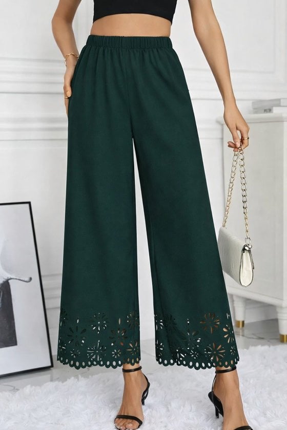 Women's High-Waist Elasticated Waistband Floral Laser-Cut Crepe Trousers - Janes - by Peralane