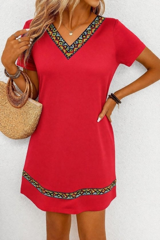Women's Short-Sleeved V-Neck Ethnic Pattern Trim Viscose Dress - Janes - by Peralane