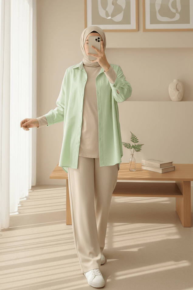 Oversize Long Basic Shirt - Light Green - Bigdart - by Peralane