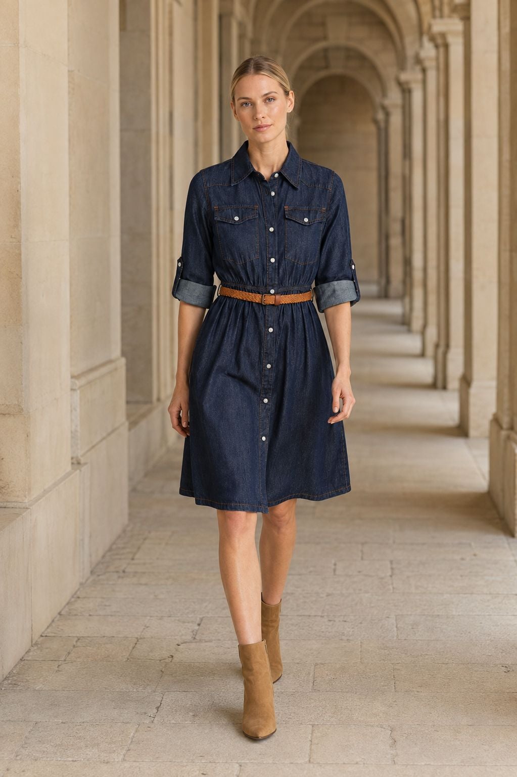Burgu Detail Short Denim Shirt Dress with Belt - Navy - Xlove - by Peralane - photo 5