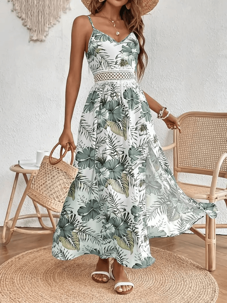 Women's Spaghetti Strap V-Neck Crochet Waist Floral Maxi Dress - Janes - by Peralane - photo 3