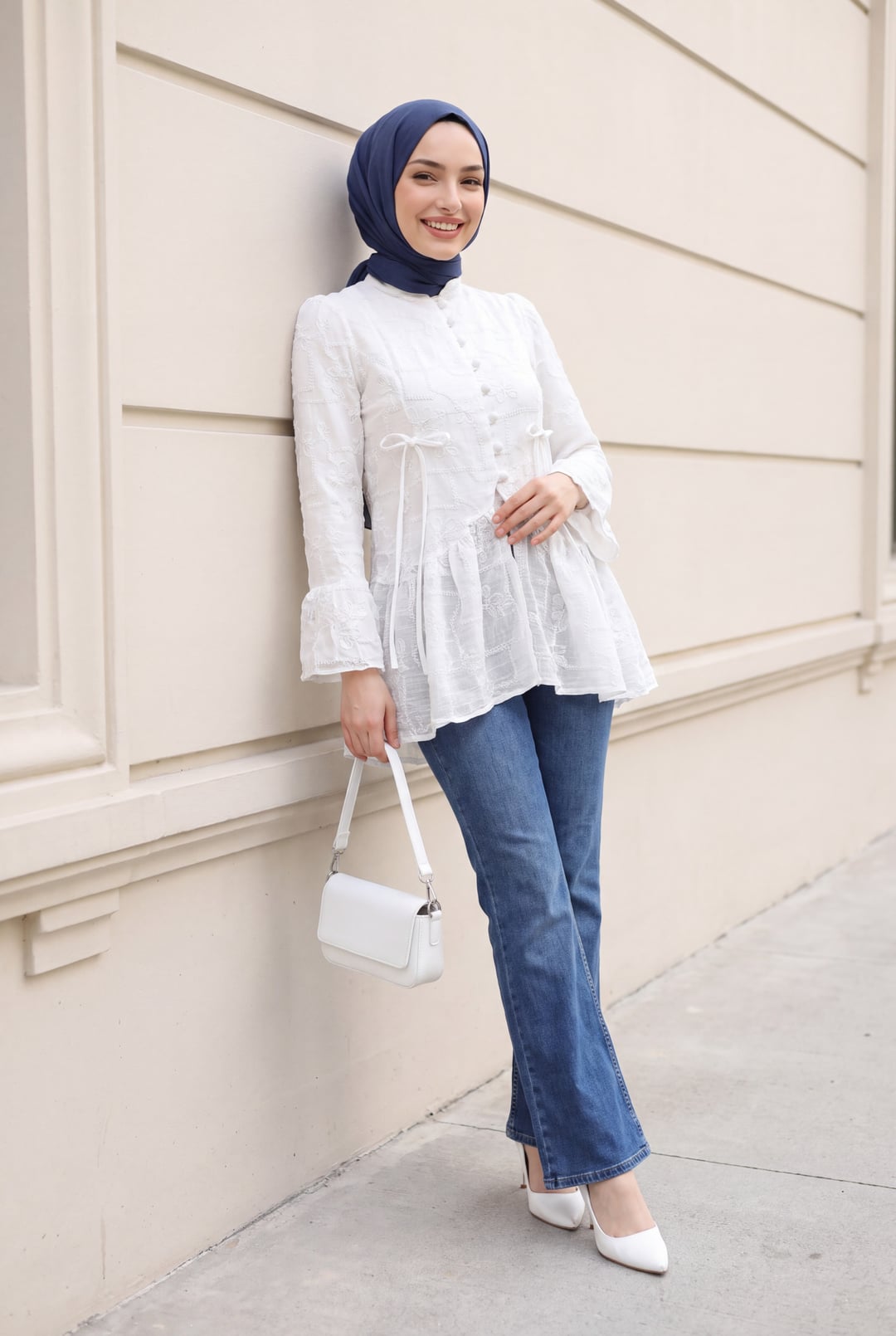 White High Collar Buttoned Lined Frilled Polyviscose Tunic - Podyumplus - by Peralane - photo 8