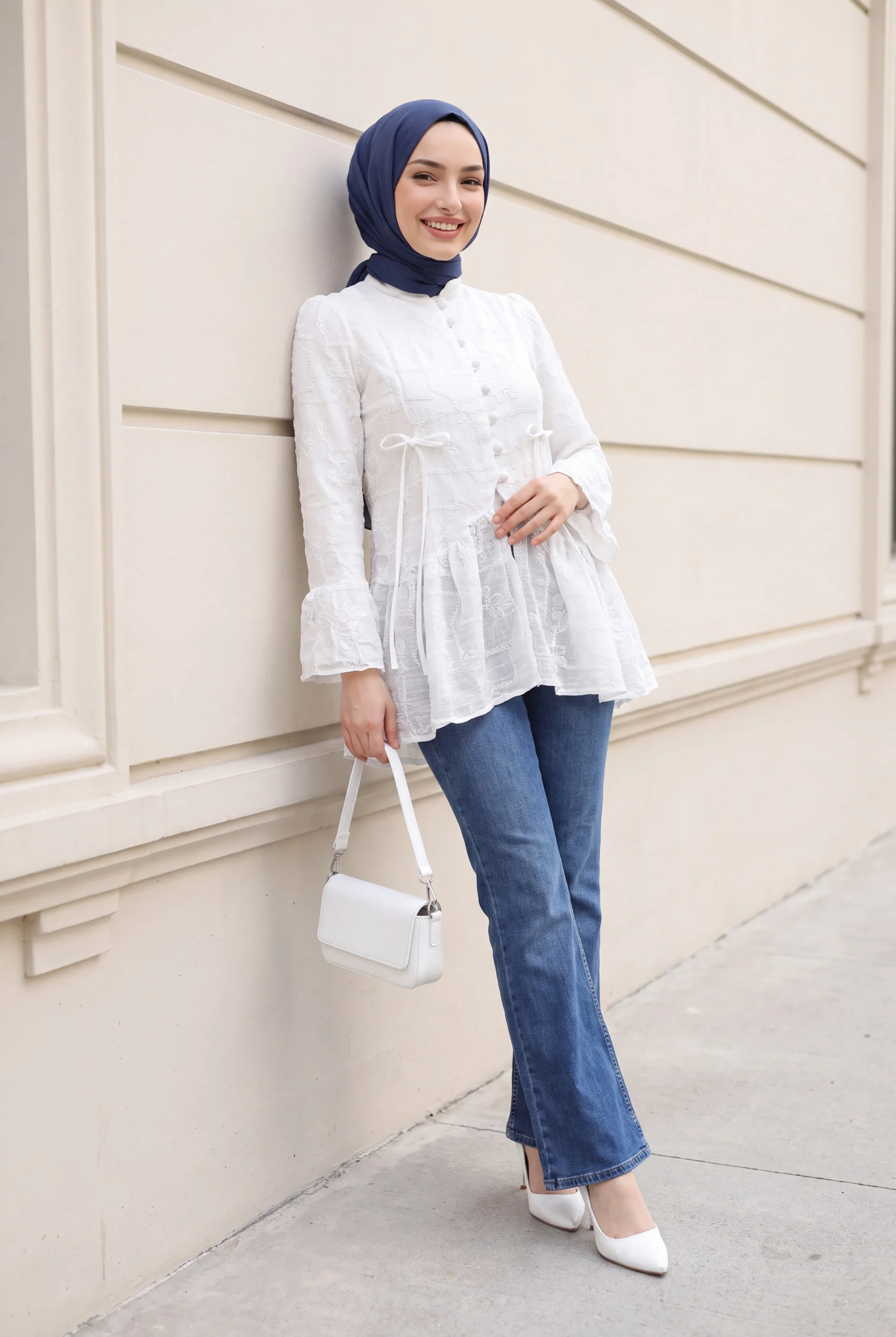 White High Collar Buttoned Lined Frilled Polyviscose Tunic - Podyumplus - by Peralane - photo 8