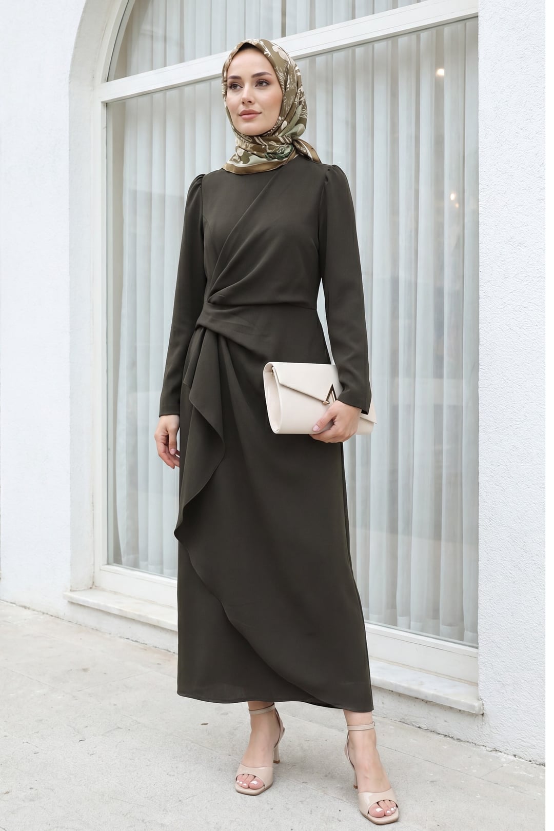 Dark Brown Asymmetric Hem Krep Dress with Front Draped Detail - Podyumplus - by Peralane - photo 2