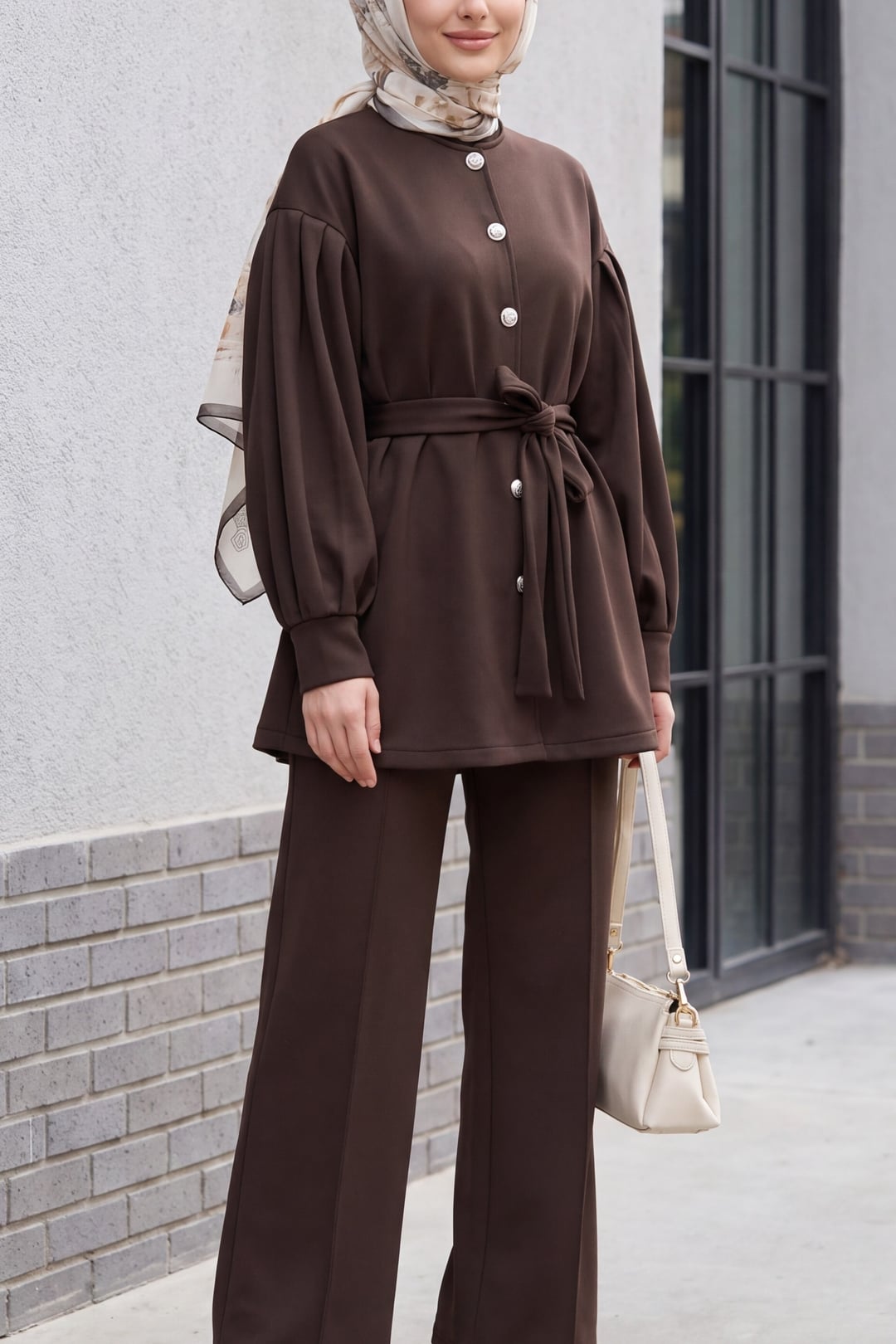 Belted Button-Front Scuba Tunic and Wide-Leg Trousers Set - Brown - Podyumplus - by Peralane