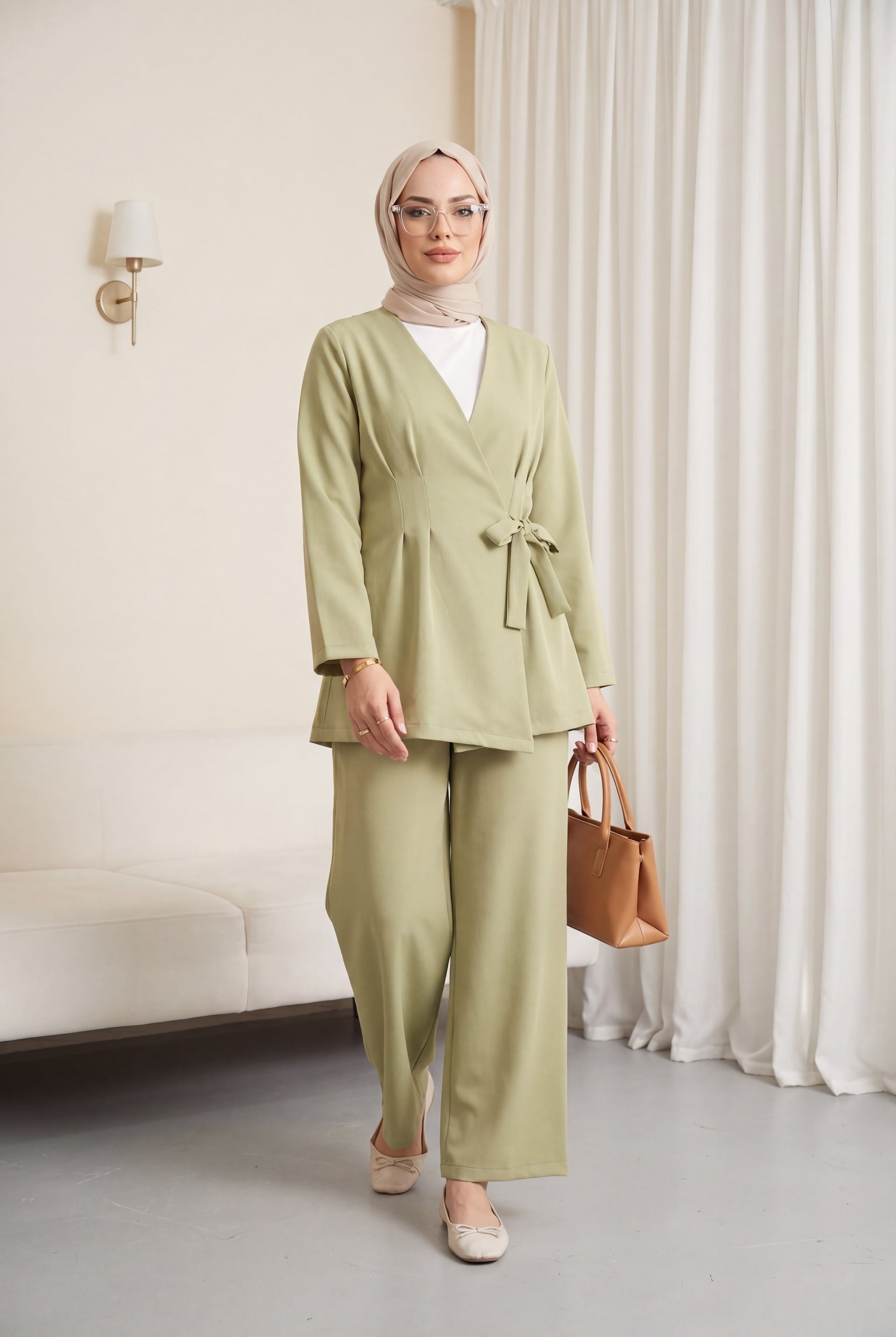 Pens Detail Wrap-Front Wide-Leg Trouser Set in Light Olive Green - Podyumplus - by Peralane - photo 2
