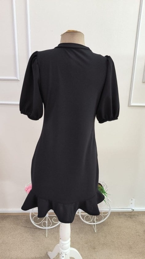 Women's Black Crepe Dress with Mandarin Collar and Red Floral Detail - Janes - by Peralane - photo 7