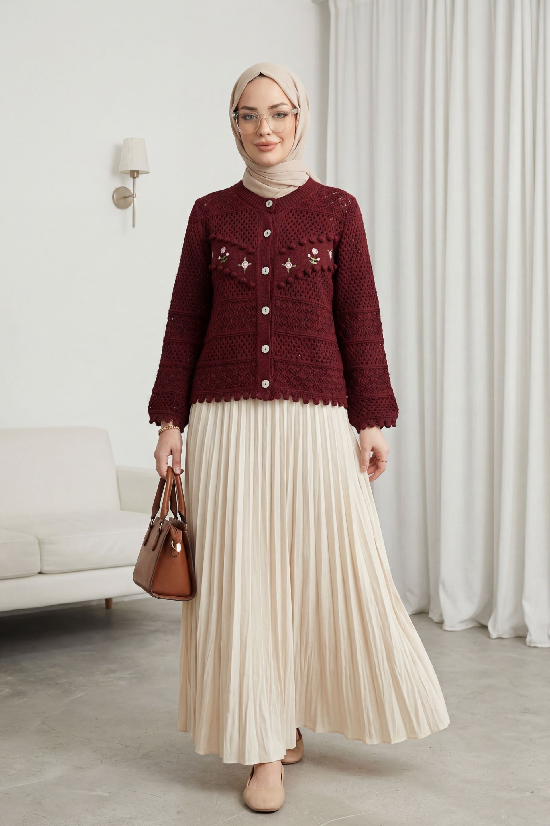 Maroon Floral Embroidered Button Knit Cardigan - Podyumplus - by Peralane - photo 4