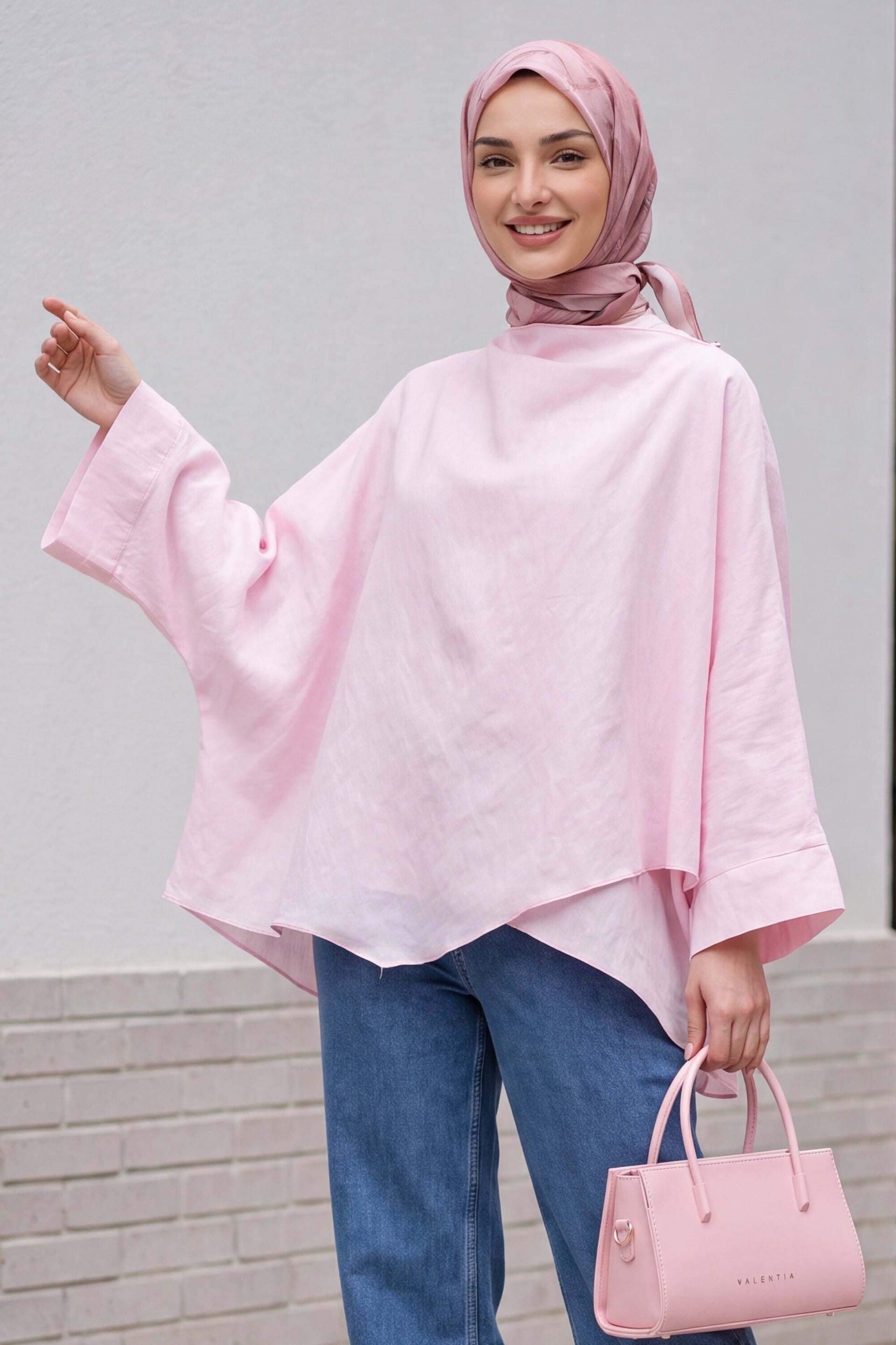 Oversized Modal Kimono Poncho with Buttoned Shoulders - Powder Pink - Podyumplus - by Peralane