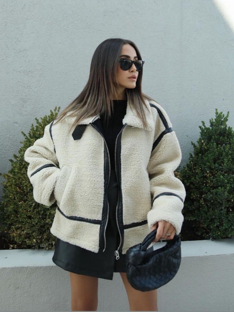 Cream Faux Fur Zip-Up Jacket with Black Trim - Women's - Podyumplus - by Peralane