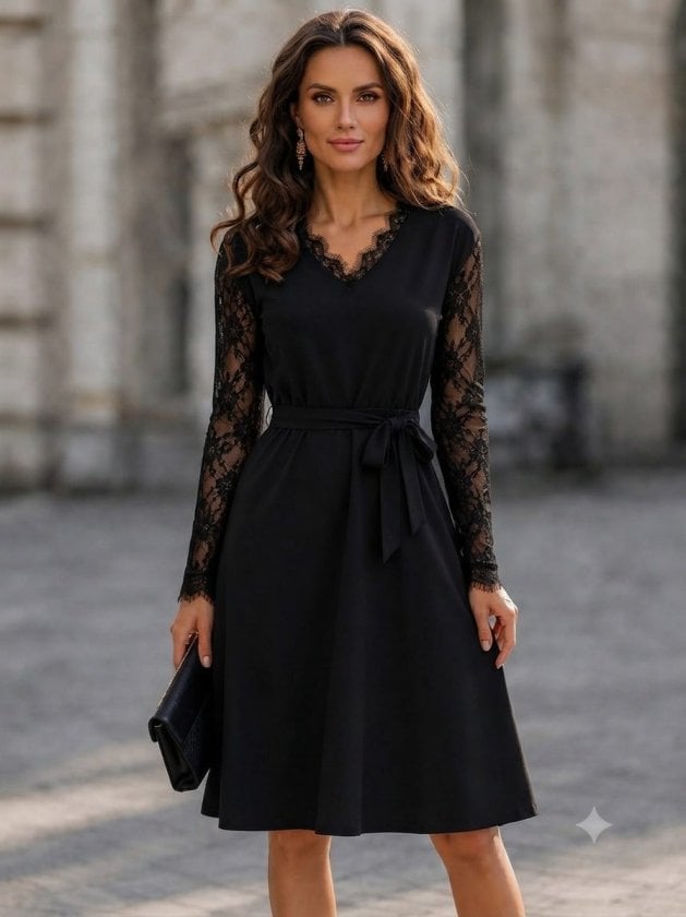 Women's Black Long Sleeve V-Neck Lace Trim Belted Crepe Dress - Janes - by Peralane - photo 2
