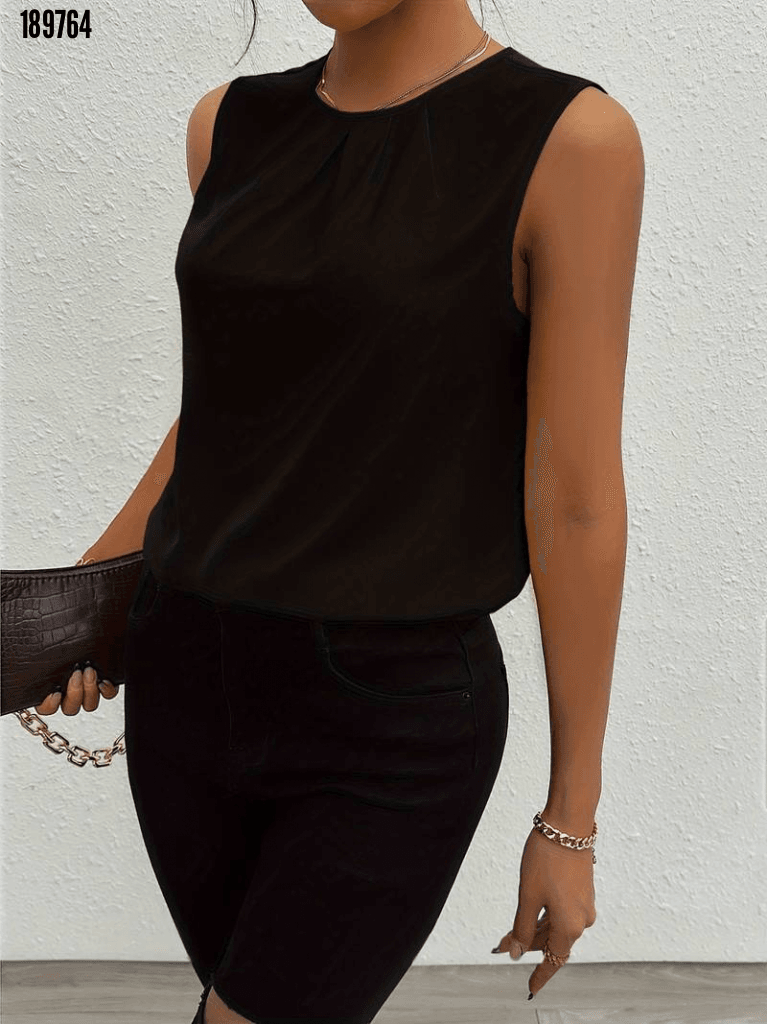 Women's Sleeveless Round Neck Pleated Blouse - Black - Janes - by Peralane - photo 10