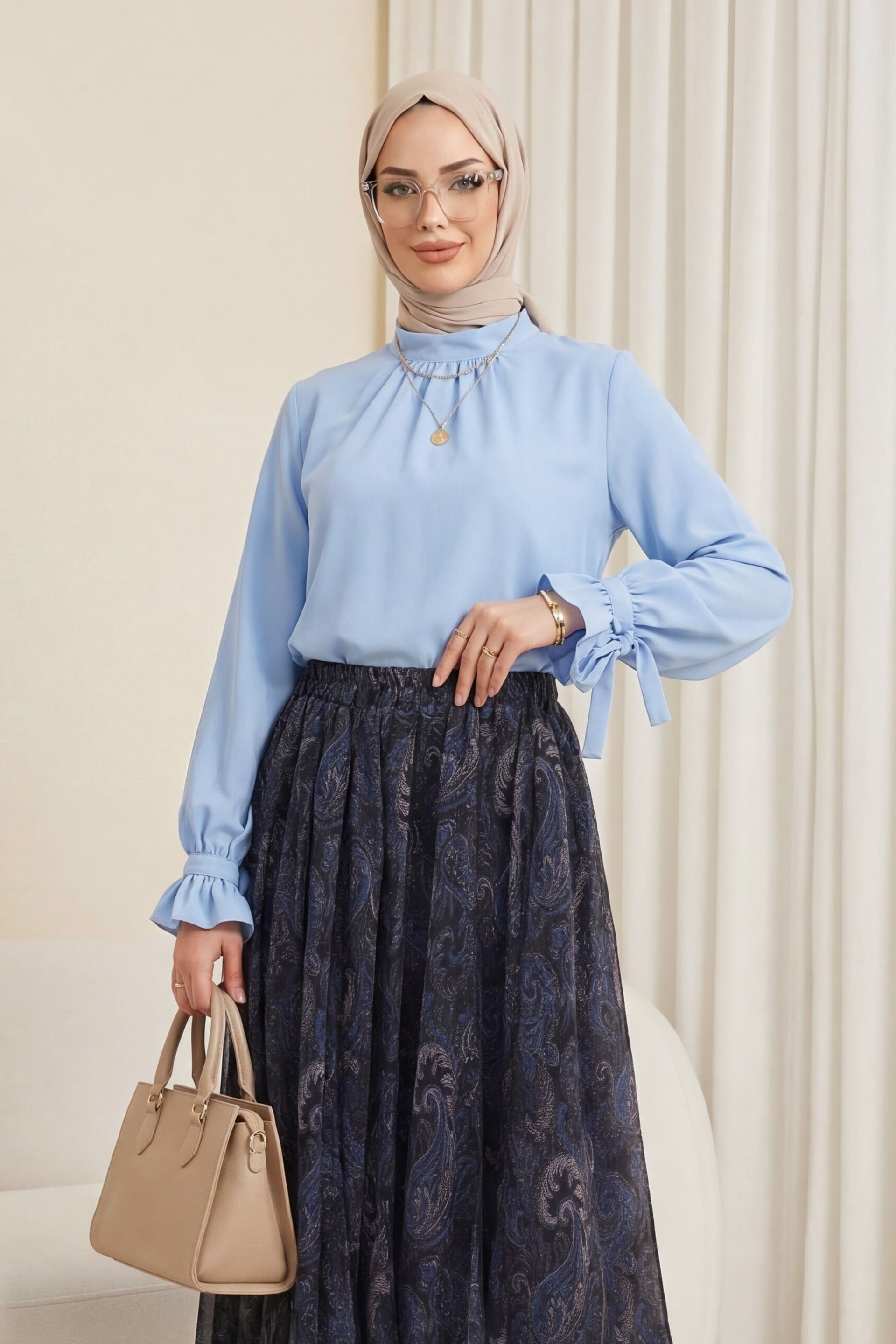 High Neck Ruffled Sleeve Lace-Up Crepe Blouse - Baby Blue - Podyumplus - by Peralane - photo 5