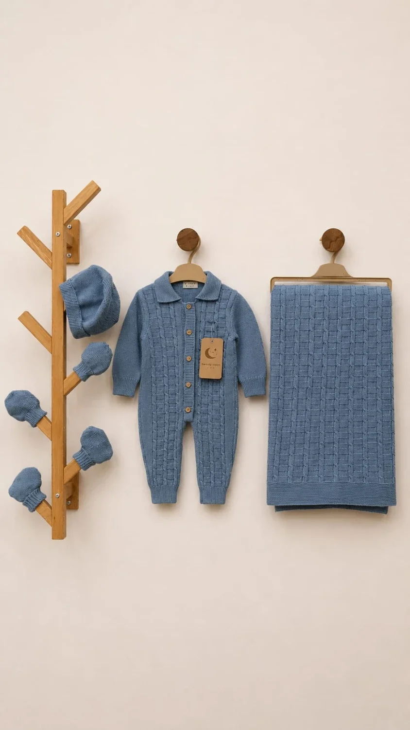 Knitted Blanket and Jumpsuit Set - 1171 (Indigo) - Has Bereket - by Peralane