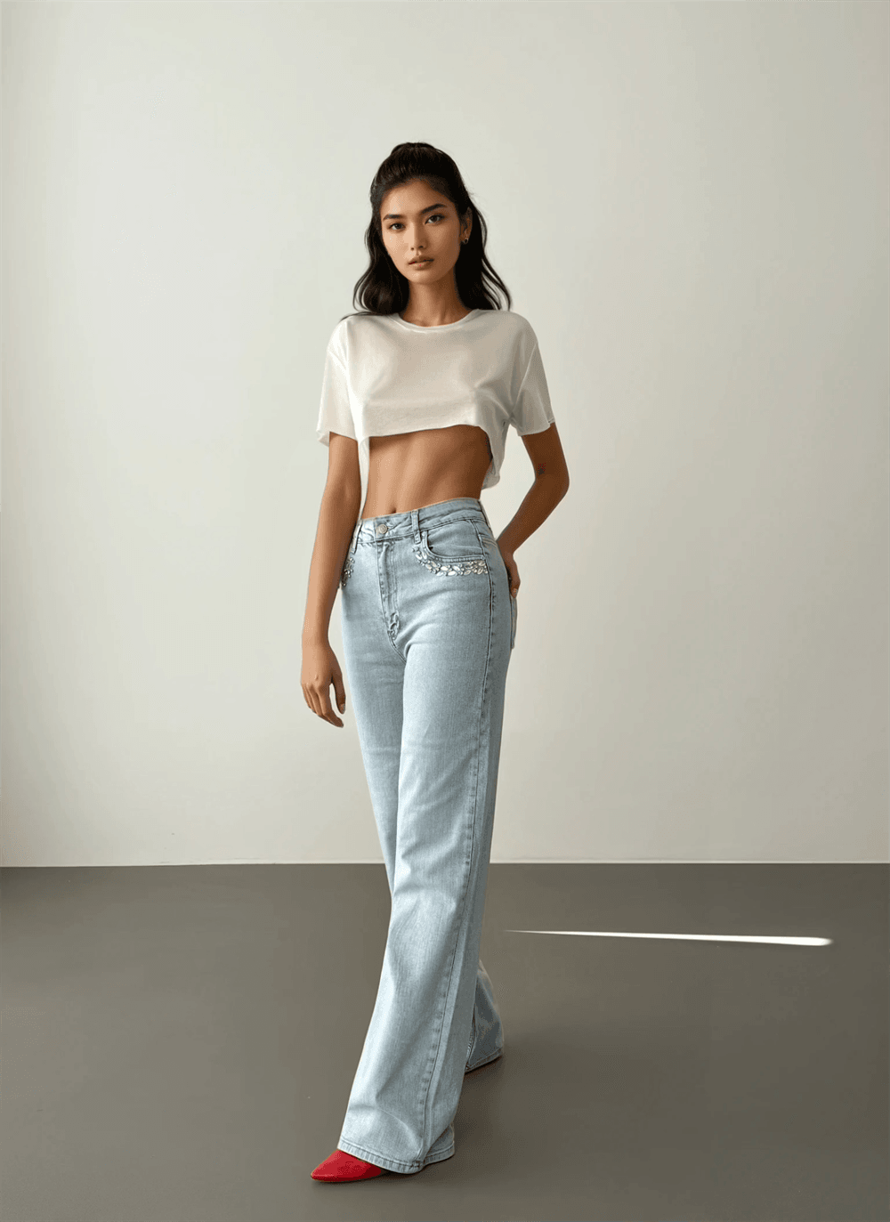 High Waist Rhinestone Detail Light Blue Flared Denim Jeans - Lacarino Jeans - by Peralane