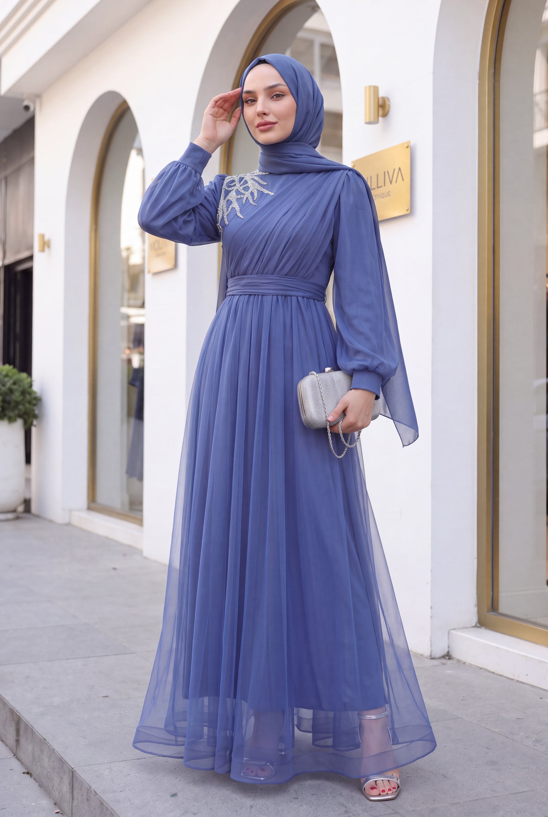 Indigo Evening Dress with Stone Details, Draped Belted Tulle - Podyumplus - by Peralane