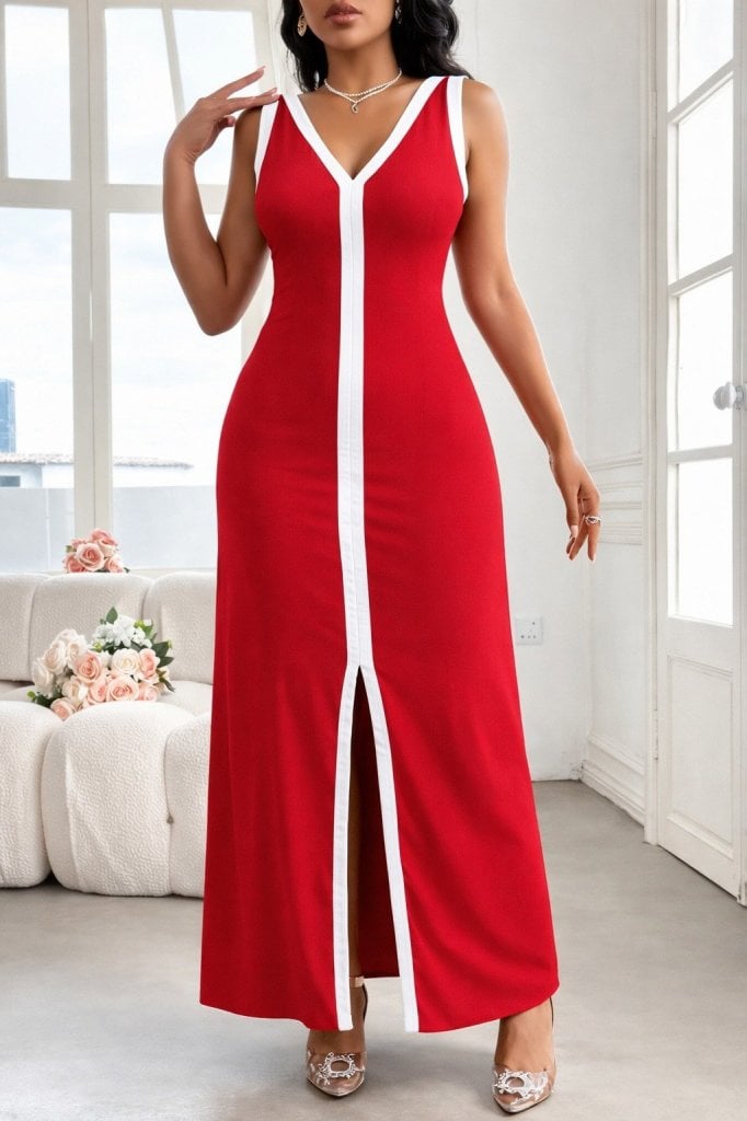 Women's Sleeveless Deep V-Neck Slit Maxi Viscose Dress in Red with White Trim - Janes - by Peralane