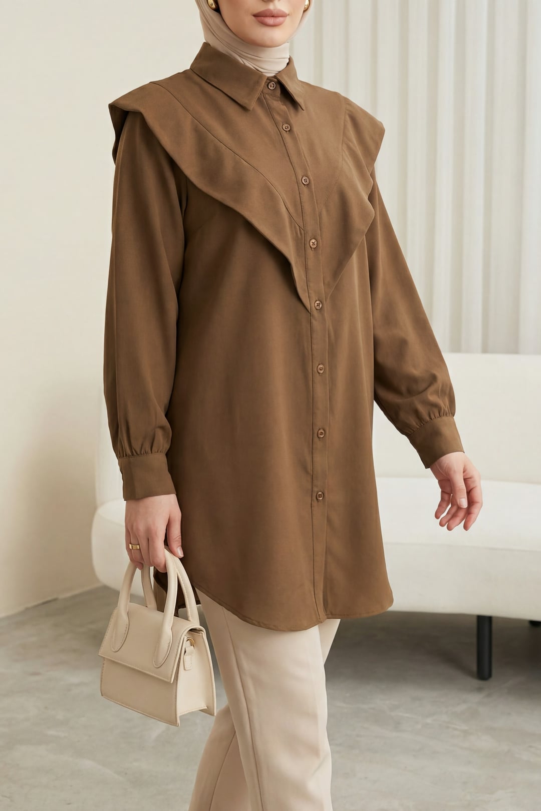 V-Detail Long Back Buttoned Imported Crepe Tunic - Brown - Podyumplus - by Peralane