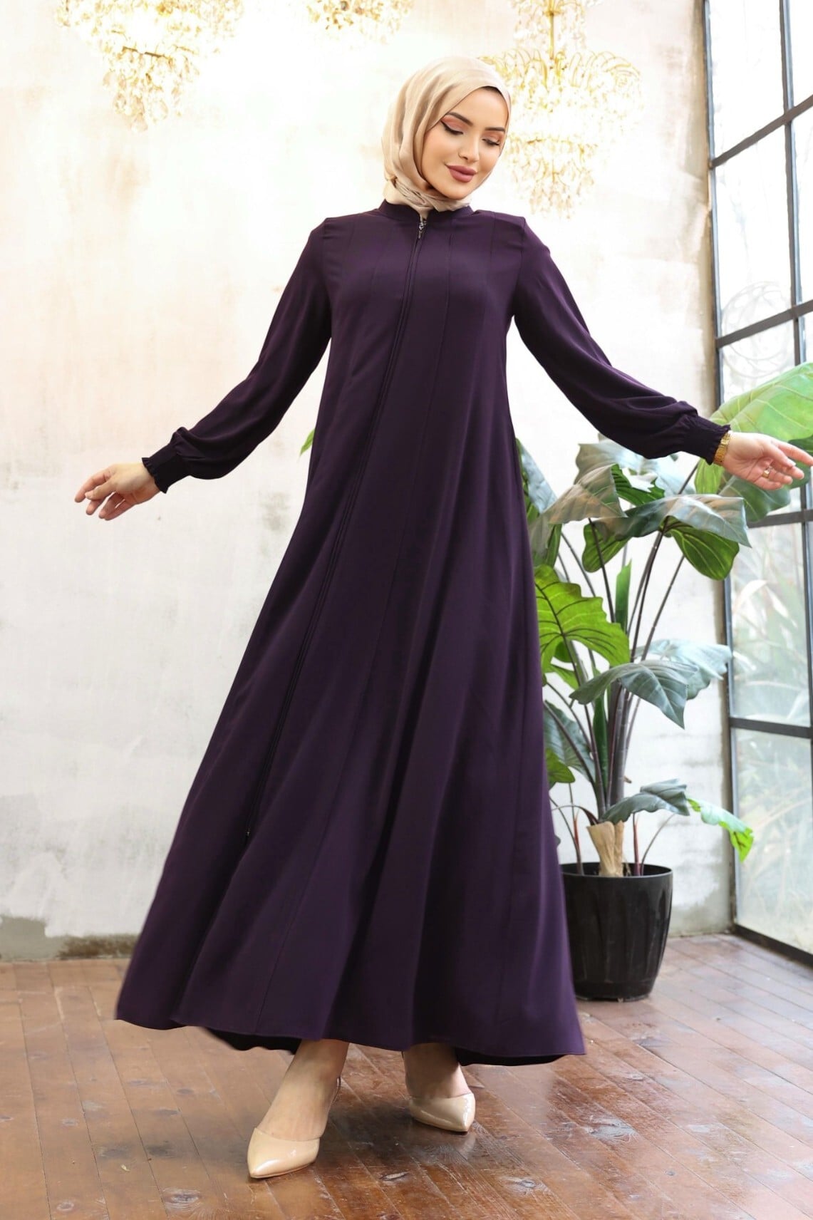 Purple Side Pocket Full-Length Zip Abaya with Elastic Cuffs - Podyumplus - by Peralane - photo 3