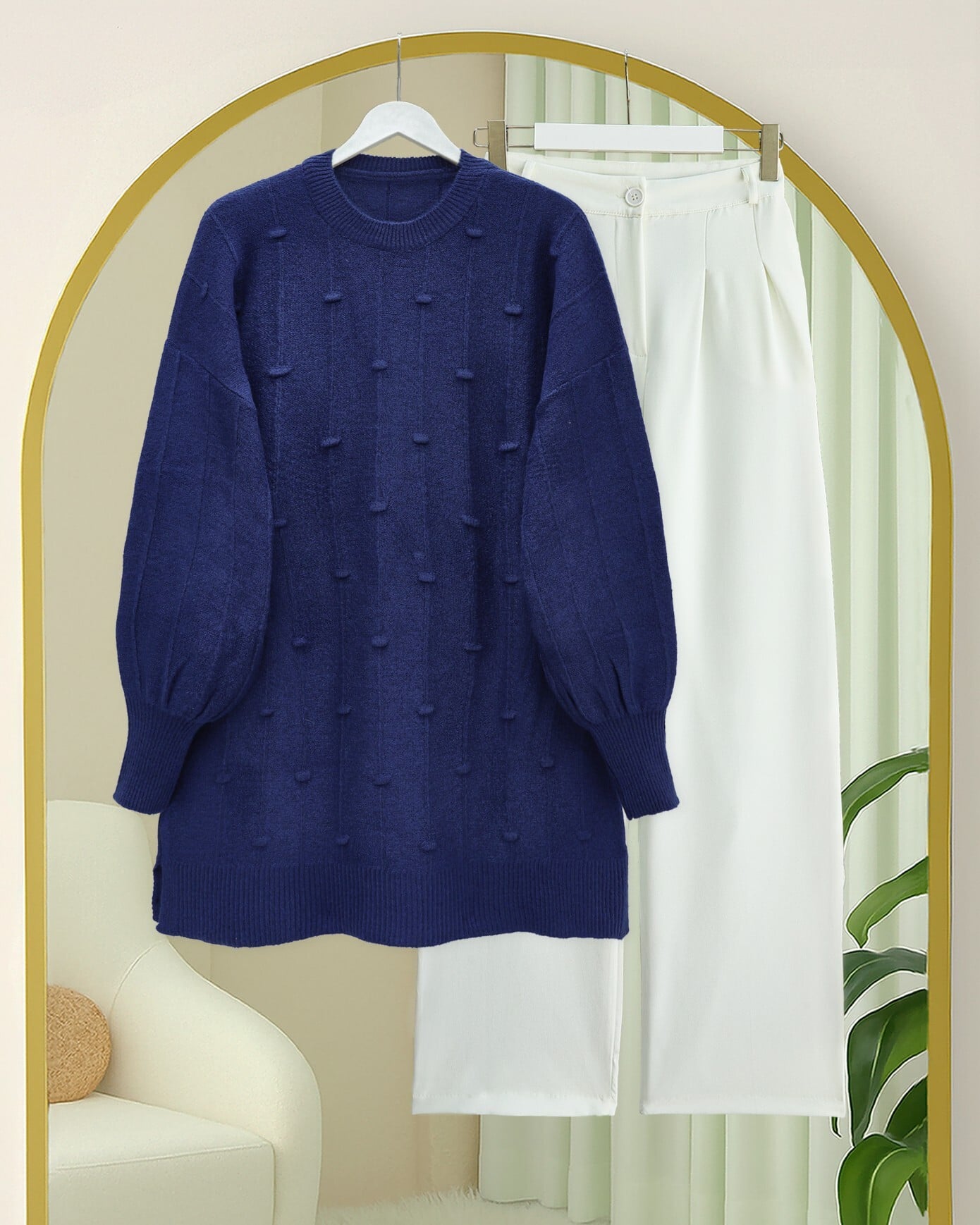 Navy Blue Knit Tunic with Side Slits and Pom-Pom Details - Podyumplus - by Peralane - photo 6