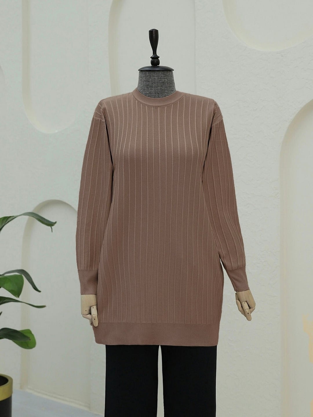 Round Neck Fine Striped Knit Tunic - Brown - Podyumplus - by Peralane - photo 3