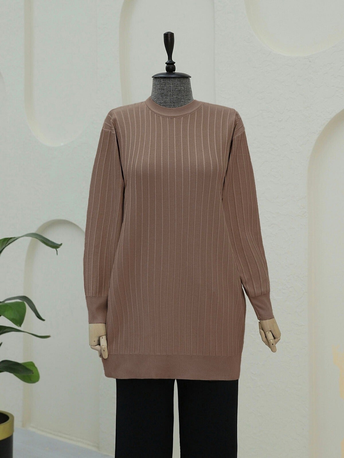 Round Neck Fine Striped Knit Tunic - Brown - Podyumplus - by Peralane - photo 3