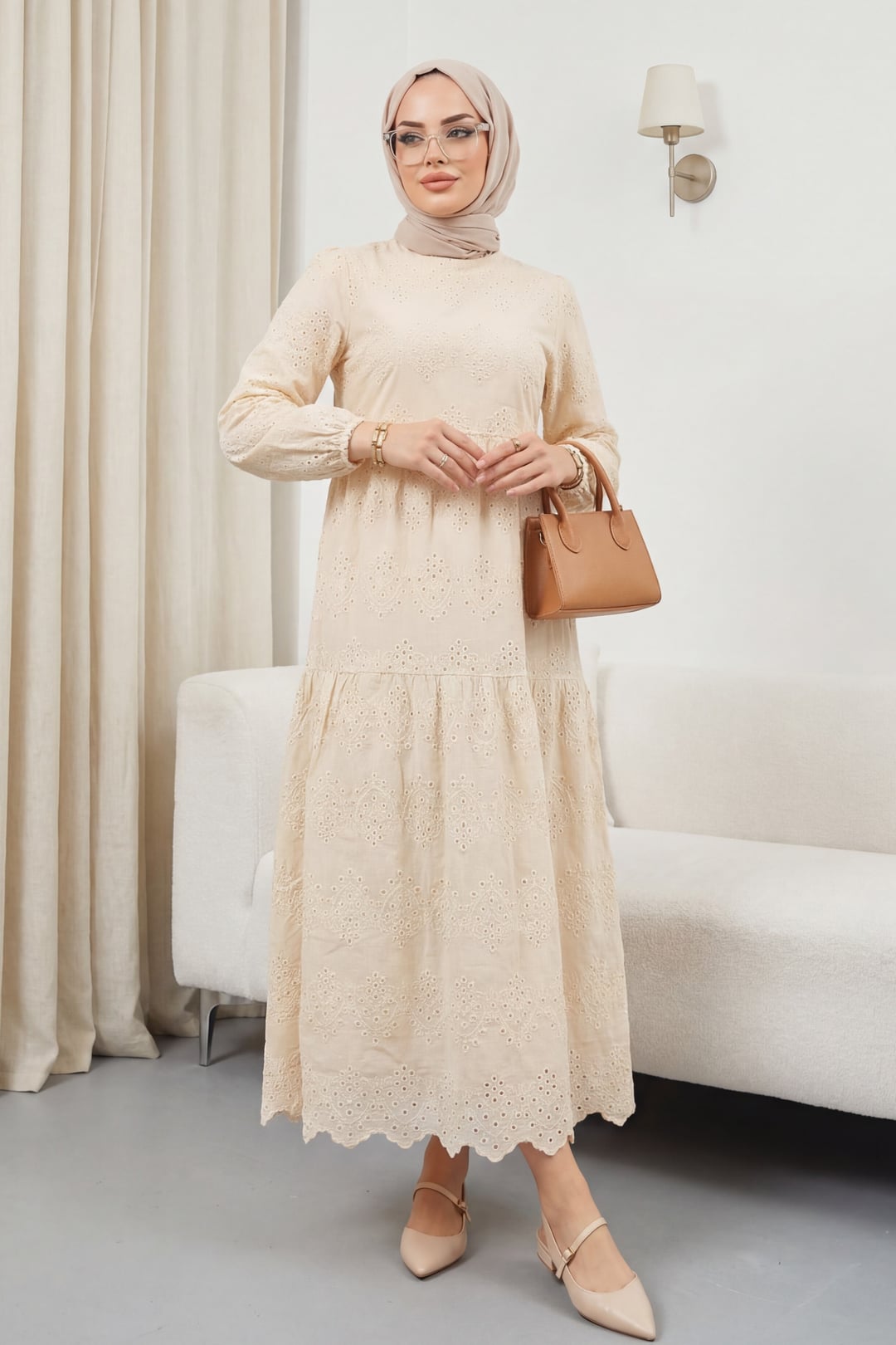 Beige Eyelet Tiered Dress with Elasticated Cuffs - Podyumplus - by Peralane - photo 2