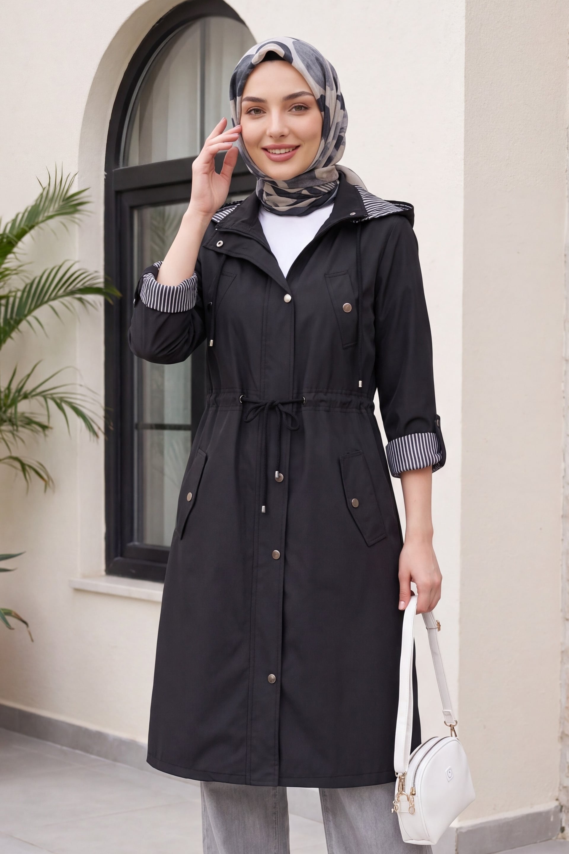 Striped Lined Trench Coat - Black - Podyumplus - by Peralane