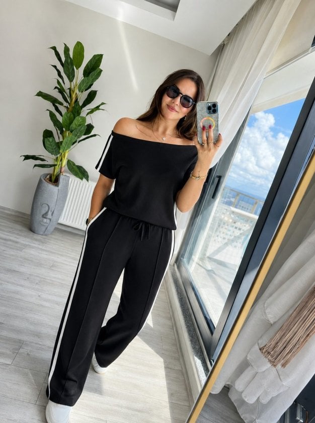 Women's Off-Shoulder Top and Wide-Leg Trouser Two-Piece Set with Side Stripe Detail - Janes - by Peralane