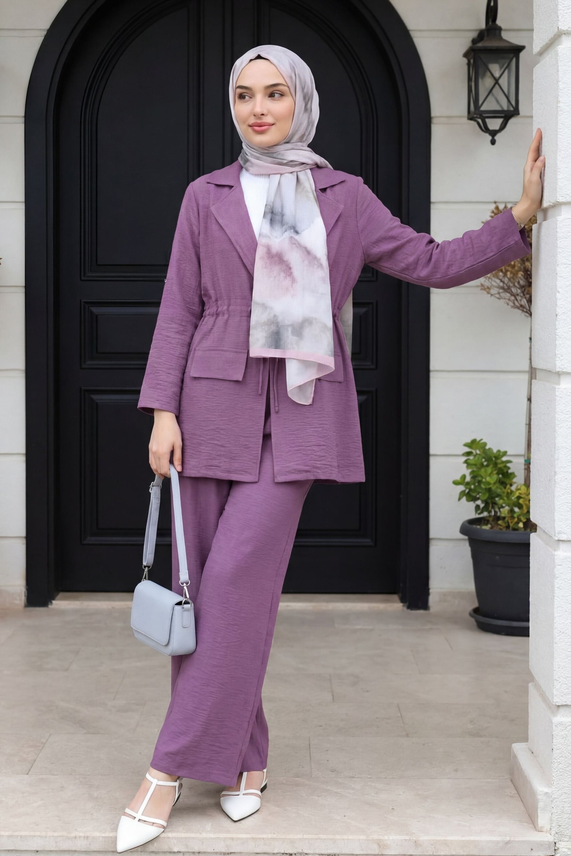 Flap Pocket Drawstring Jacket and Wide-Leg Trousers Two-Piece Set in Dusty Purple - Podyumplus - by Peralane - photo 4