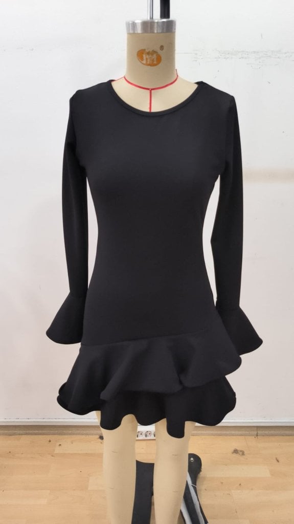 Women's Long Sleeve Round Neck Bell Sleeve Ruffle Hem Ribbed Knit Mini Dress in Black - Janes - by Peralane - photo 4